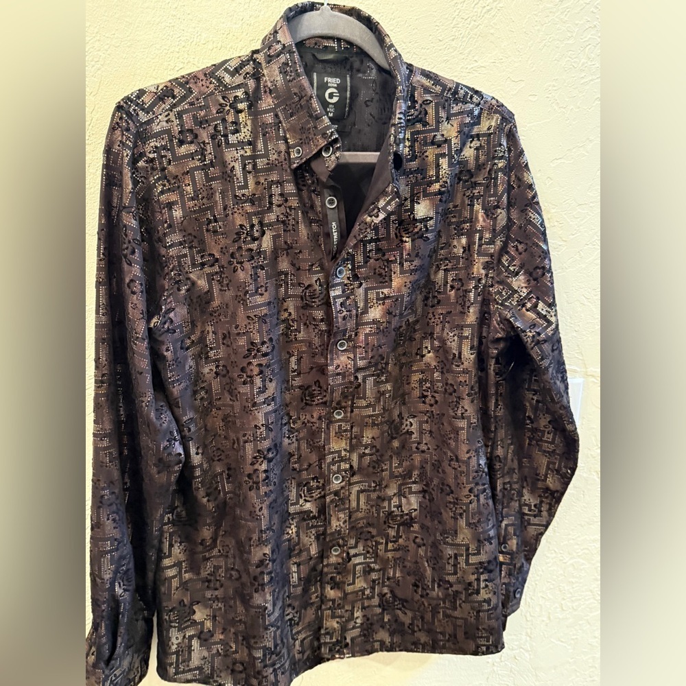 Fried Denim Black & Gold Men’s Patterned NYC Men M Long Sleeved Button up Shirt